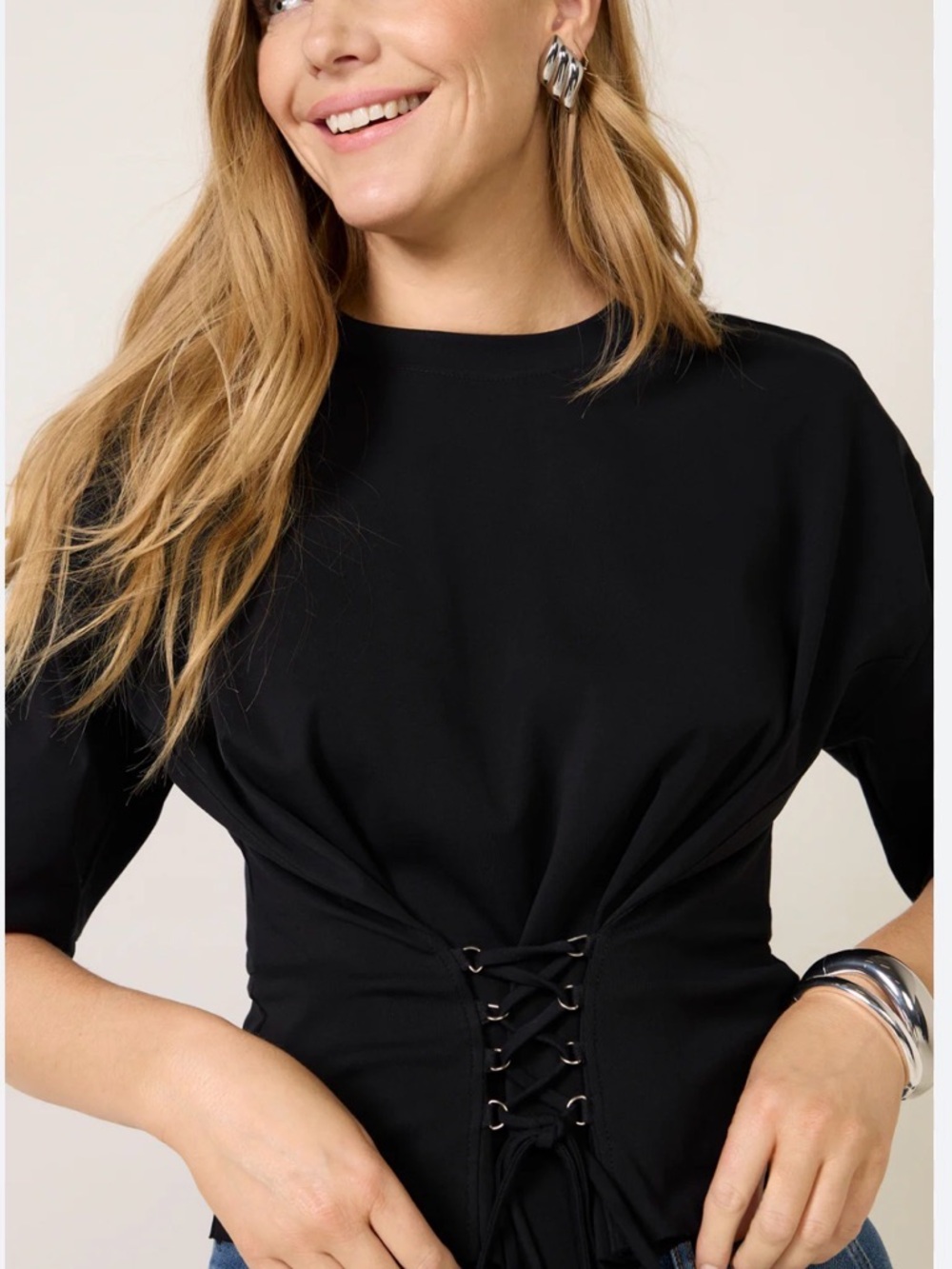 Express Black Lace-Up Waist Tee 3/4 sleeves small